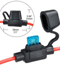 Black 14AWG Inline Fuse Holder Six Pack With 15A Mini Blade Atm Fuses, close-up view of fuse holder and blade.