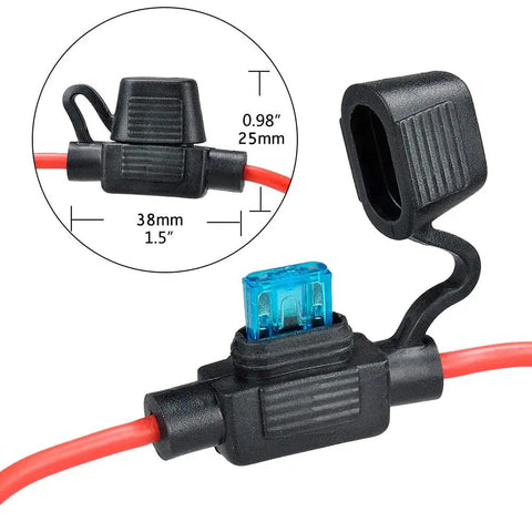 Black 14AWG Inline Fuse Holder Six Pack With 15A Mini Blade Atm Fuses, close-up view of fuse holder and blade.