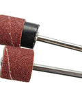 Heavy Duty Sander Drum Mandrel With Ten Badass 80 Grit Sanding Bands For Multi Material Grinding And Nail Drill Slick Rotary Accessory Set close-up of two sanding bands on shanks.