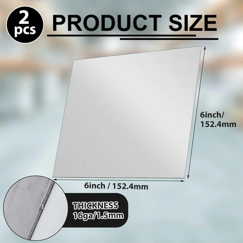 Two 6x6 Inch 16 Gauge Mild Steel Sheets Weldable Carbon Cold Rolled Panels product size illustration showing dimensions and thickness.