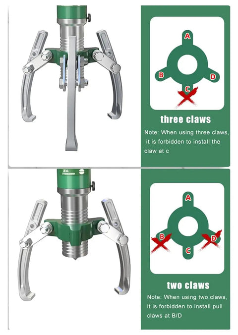 Heavy Duty Hydraulic Gear Puller Bragging Thirty Ton Capacity Rock Solid Bearing Extractor Kit With Two Or Three Jaws diagrams showing claw configurations.