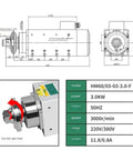 Diagram of Powerful 3.0KW CNC Spindle Motor 220V To 380V 30mm Bore ER32 Right Hand Tooth 3000RPM showing dimensions and specifications.