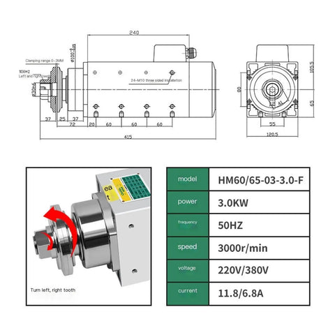 Diagram of Powerful 3.0KW CNC Spindle Motor 220V To 380V 30mm Bore ER32 Right Hand Tooth 3000RPM showing dimensions and specifications.