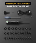 Rechargeable Laser Bore Sight Kit With 32 Adapters For 17 To 12 Gauge Calibers Green And Red Beam and charging cable