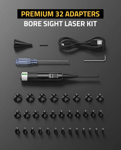 Rechargeable Laser Bore Sight Kit With 32 Adapters For 17 To 12 Gauge Calibers Green And Red Beam and charging cable