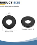 Heavy Duty Carbon Steel Flat Washers, 20 Piece Pack, M10 Black Oxidized Grade 8.8 Rings size 25mm and thickness 4mm shown.