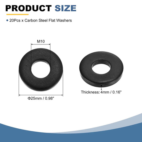 Heavy Duty Carbon Steel Flat Washers, 20 Piece Pack, M10 Black Oxidized Grade 8.8 Rings size 25mm and thickness 4mm shown.
