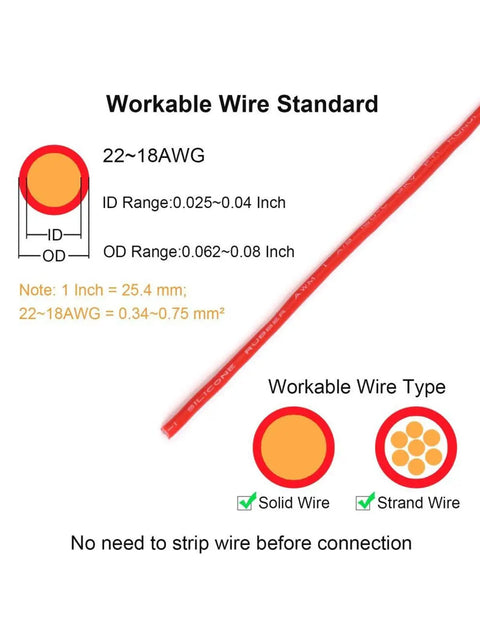 Wire dimensions and chart for Low Voltage Wire Connectors 20 Pack 2 Pin 3 To 2 Way Quick Splice No Strip I Type T Tap Connectors