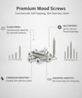 Self Tapping Wood Screws With Countersunk Head In 304 Stainless Steel For Flush Furniture Assembly And Woodworking Projects No Pre Drill Needed Easy Install, assortment and close-up.