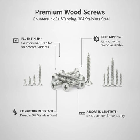 Self Tapping Wood Screws With Countersunk Head In 304 Stainless Steel For Flush Furniture Assembly And Woodworking Projects No Pre Drill Needed Easy Install, assortment and close-up.