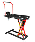 Heavy Duty Electric Scissor Lift Table 59 Inch Height Warehouse Workhorse with red safety features and wheels.