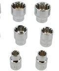 Built Tough 3/8 Inch Drive 18 Piece Penta Spline Socket Set Featuring High Polish Steel And Multi Pattern Heads. Chrome sockets display.
