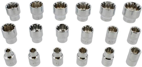 Built Tough 3/8 Inch Drive 18 Piece Penta Spline Socket Set Featuring High Polish Steel And Multi Pattern Heads. Chrome sockets display.
