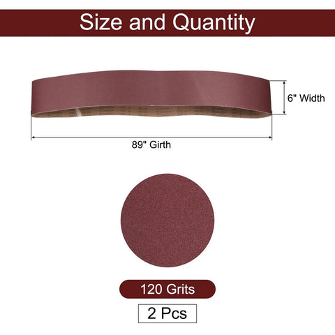 Heavy Duty Sanding Belts 6X89 Inches One Twenty Grit Aluminum Oxide Abrasive Paper for Belt Sanders, showing size and quantity.