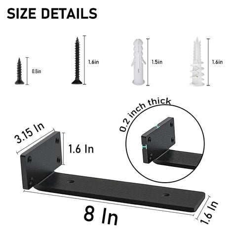Heavy Duty 8 Inch Black L Shaped Shelf Brackets Set Of 6 Built Tough Hidden Steel Hardware shows dimensions and screws.