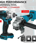 Bad Boy Brushless Angle Grinder And Impact Wrench Combo Kit with 125mm grinder, 2 batteries, and charger displayed together.