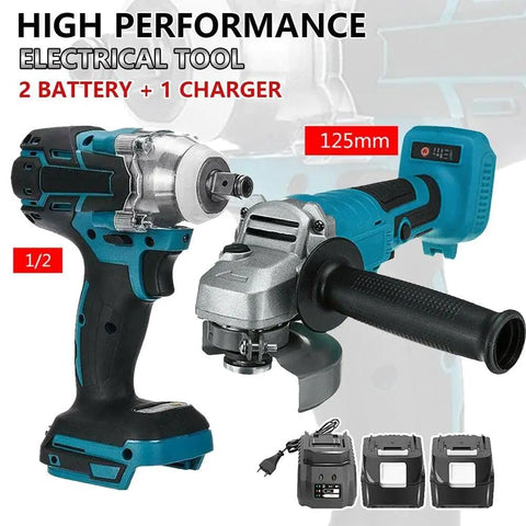 Bad Boy Brushless Angle Grinder And Impact Wrench Combo Kit with 125mm grinder, 2 batteries, and charger displayed together.