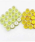 50PCS Plastic Circular Round Bubble Level Universal Bullseye Spirit Level in green and yellow colors, featuring clear round design.