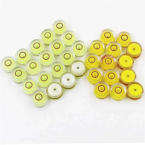 50PCS Plastic Circular Round Bubble Level Universal Bullseye Spirit Level in green and yellow colors, featuring clear round design.