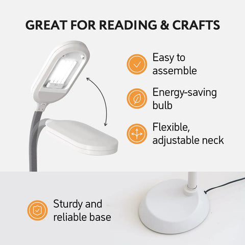 Natural Daylight Floor Lamp With Adjustable Gooseneck For Reading Crafting And Sewing shown with features and sturdy base