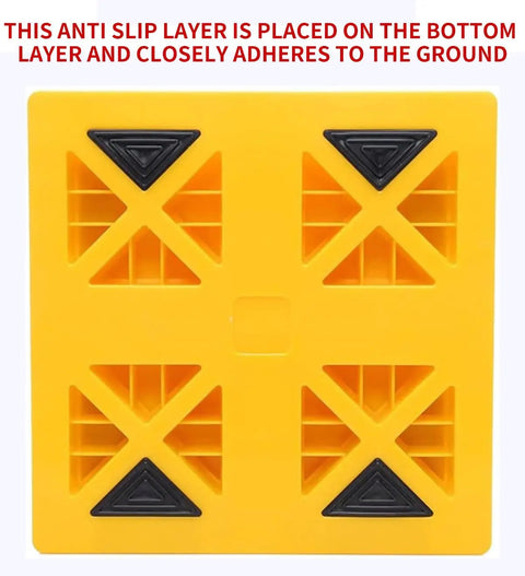 Close-up of a yellow Ten Pack RV Camper Leveling Block with interlocking design and non-slip pads for travel trailer use.