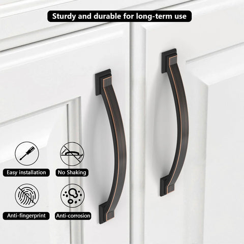 Brushed Gold Cabinet Pulls 4 Inch Hole Centers 102mm Arch Design installed on white cabinet doors