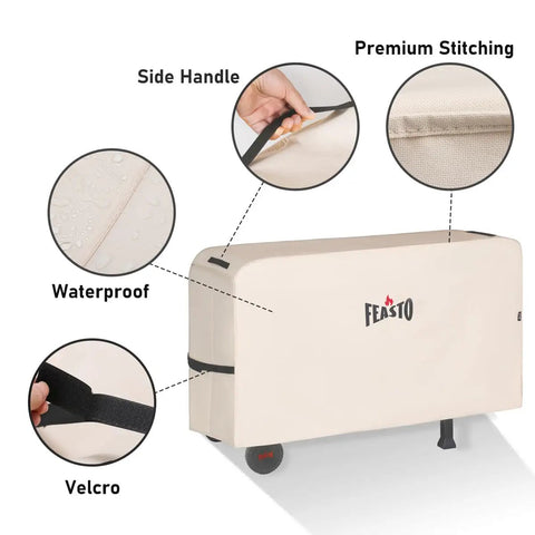 Three Shelf Pizza Oven Table With Stainless Top And Rolling Outdoor Grill Cart Waterproof Cover with labeled features