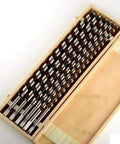 Six Piece Eighteen Inch Auger Bits Drill Set With Half Inch Shank Woodworking Tools in wooden case, deep hole drilling bits.