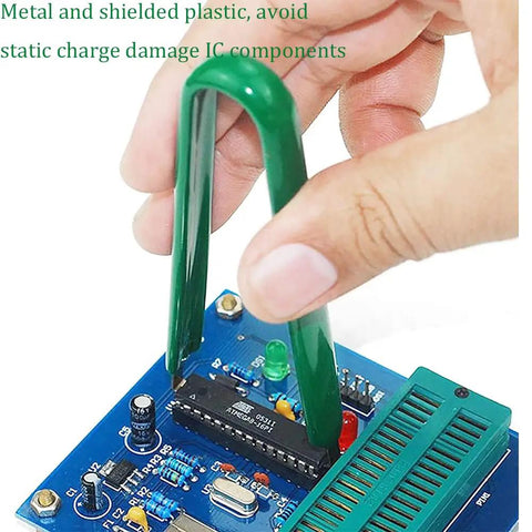 Heavy Duty IC Puller And Chip Extractor Kit Featuring Stainless Steel Construction And Insulated Vinyl Grip To Safely Remove Pin Components Without Static Nonsense Includes 5 Legit Essential Tools, using grip on circuit board
