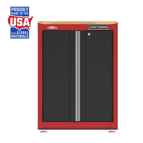 Front view of Heavy Duty Metal Garage Storage Cabinet With Two Doors Base Unit, Built To Last Welded Steel Frame, 10,620 Cubic Inch Capacity, Locking System, 1 Inch Butcher Block Work Surface, Made In USA Sedalia Missouri