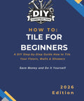 Step By Step DIY Tiling Guide For Newbies Install Ceramic Wood Porcelain Floors Walls Showers Without Hired Pros Skip The Hassle book cover showing a guide for beginner tile installation.