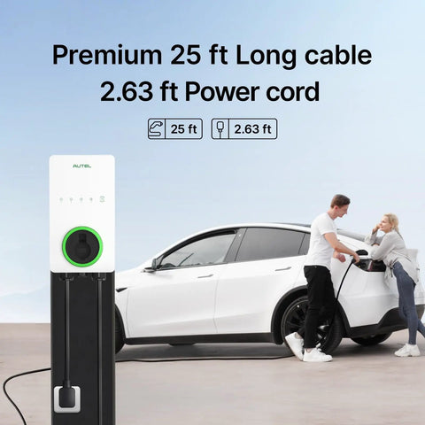 Top Shelf Level Two EV Charger Up To Forty Amps 240 Volt Home Electric Vehicle Charging Station with 25 ft cable outdoors.
