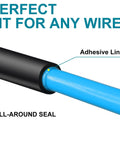 Side view of black 1/2-inch heat shrink tubing around a blue wire, showing adhesive lining.