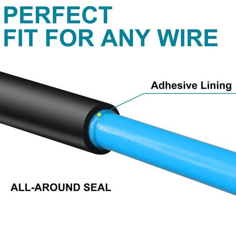 Side view of black 1/2-inch heat shrink tubing around a blue wire, showing adhesive lining.