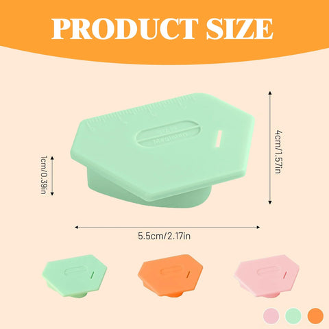 Front view of a 3-pack hexagonal magnetic seam guides in mint, orange, and pink with scale for sewing.