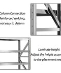 Column connection and laminate height features of Rock Solid Heavy Duty Garage Shelving Four Tier Commercial Steel Storage Rack.