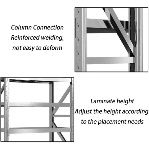 Column connection and laminate height features of Rock Solid Heavy Duty Garage Shelving Four Tier Commercial Steel Storage Rack.