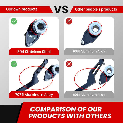 Comparison showing Kawasaki Ninja ZX-6R CNC Stabilizer Damper Beefed-Up Complete Steering Mounting Bracket alloy differences.