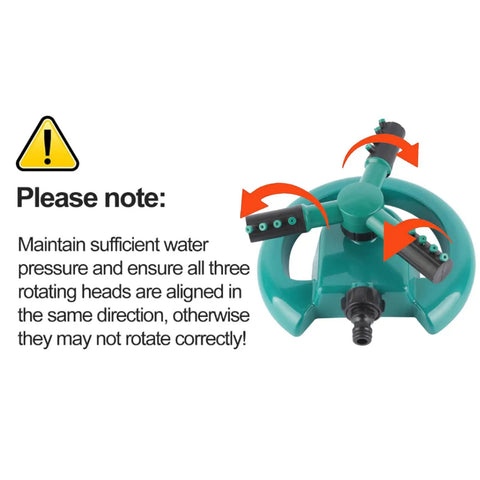 Large Round Base Automatic Rotation Sprinkler For Lawn And Garden With Adjustable Spray Pattern And 3000 Sq Ft Coverage notice