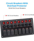8 Gang Toggle Rocker Switch Panel With Circuit Breaker And Red LED Indicator For 12V And 24V Vehicles Boats RVs Trucks ATVs