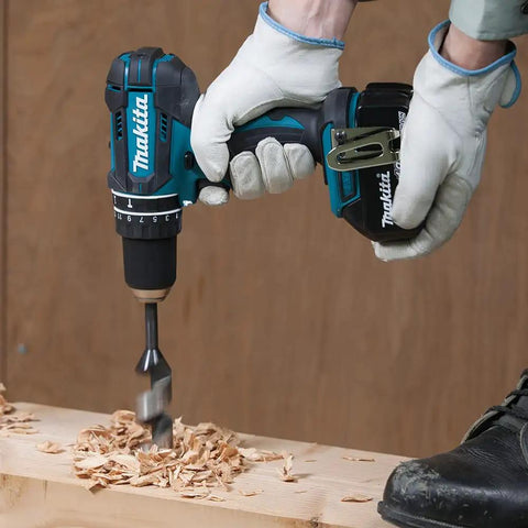 Eighteen Volt Combo Drill Featuring Rock Solid Keyless Chuck Dual Gear Motor Up To Sixty Two Newton Meters Torque built for drilling wood with shavings.