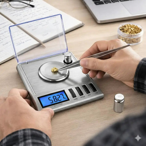 Hands using Top Notch Milligram Jewelry Scale With 0.001 g Readout For Gemstones And Fine Gold Digital Precision Scale For Jewelry Gems And Powder Includes Calibration Weights And Tweezers to weigh gold with tweezers