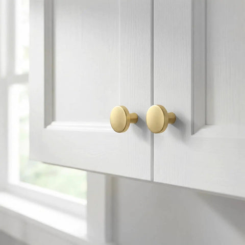 Ten Pack Brushed Gold Drawer Knobs For Cabinets And Dressers, Round Brass Cabinet Hardware Handles installed on white cabinet