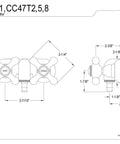 Diagram of Vintage Wall Mount Tub Faucet In Polished Brass With Solid Brass Construction showing dimensions and cross handles.
