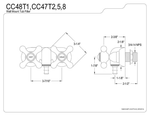Diagram of Vintage Wall Mount Tub Faucet In Polished Brass With Solid Brass Construction showing dimensions and cross handles.