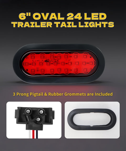 6 Inch Red Oval LED Trailer Tail Lights 24 LED Chips Waterproof Sealed Stop Turn Tail Light DOT SAE Certified With Grommets