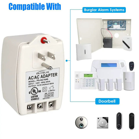 Sixteen Point Five Volt 40 VA Alarm And Doorbell Transformer Plug In For Home Security Systems, compatible with panels, doorbell.