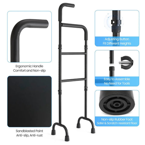 Premium Stair Assist Cane With 13 Adjustable Height Settings And Secure Non Slip Grip Making Daily Step Navigation And Outdoor Walkways Straight Up Smooth Sailing, featuring ergonomic handle and adjusting button.
