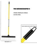 Heavy-Duty 55-Inch Fiberglass Rake With A 21-Inch Steel Tined Head For De-Thatching And Landscaping shown with dimensions and close-up of handle