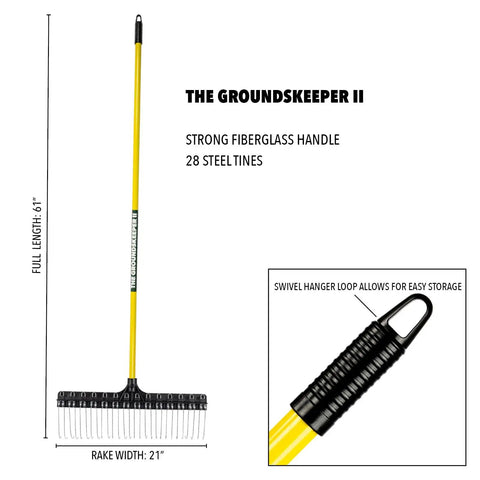 Heavy-Duty 55-Inch Fiberglass Rake With A 21-Inch Steel Tined Head For De-Thatching And Landscaping shown with dimensions and close-up of handle
